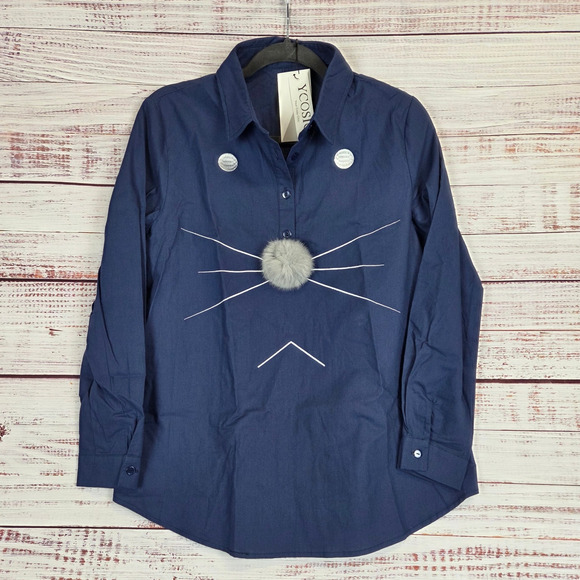 Kitty Cat Blue Popover Top M Embroidered Whiskers & Fuzzy Nose Shirt NWT Kawaii - Picture 1 of 7